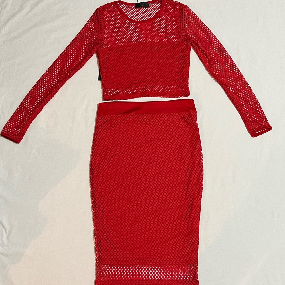 AX Paris Red 2pcs Netted Mesh Skirt & Long Sleeve Top